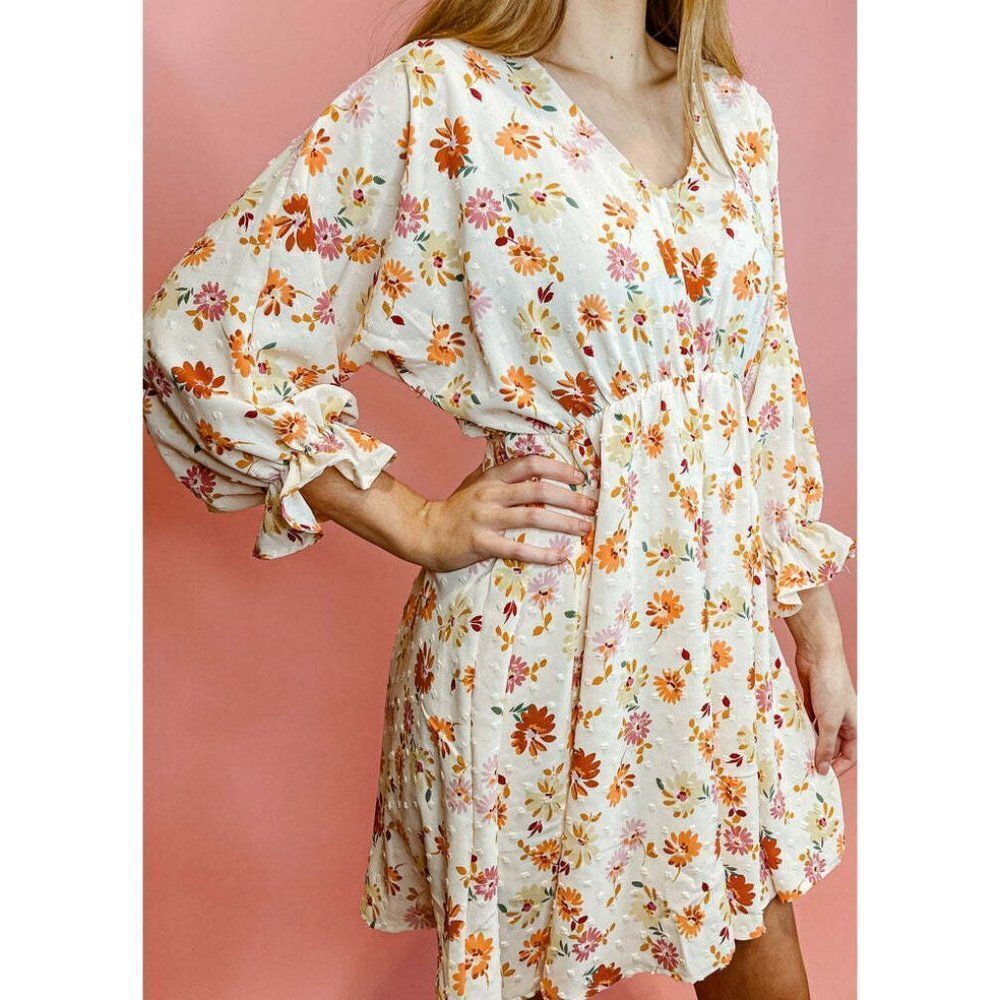 SALE! WHITE BIRCH Flower Power Cream Dress Puff Sleeve Relaxed Flowy D90191XL